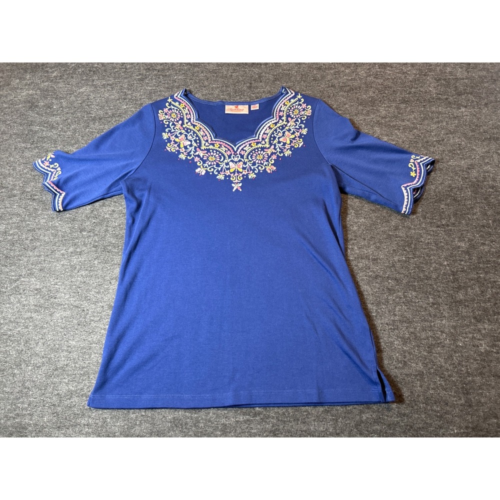 Quacker Factory Top Womens XS Blue Embroidered Butterfly Floral Knit